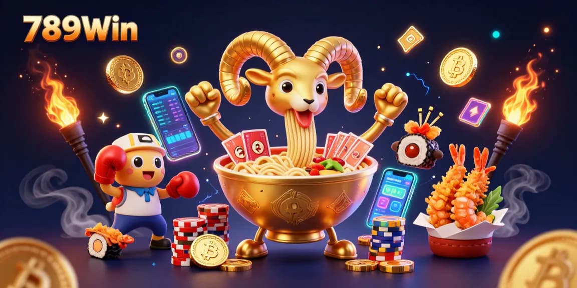 Play exciting games at 789Win, featuring vibrant characters and rich casino elements in a dynamic scene.