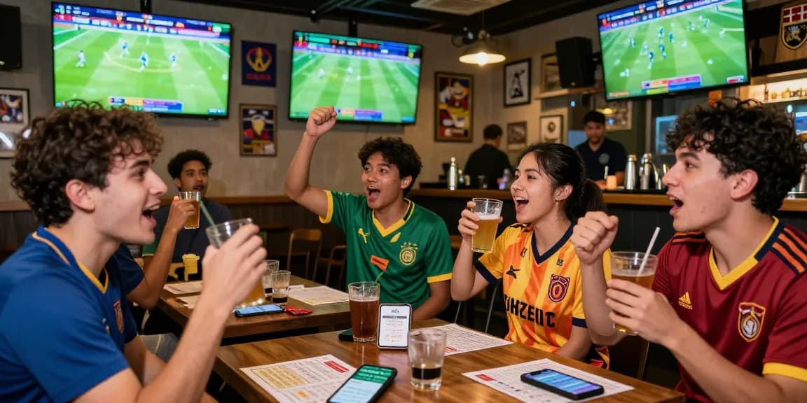 Exciting football betting scene in Malaysia with friends celebrating and betting on games.