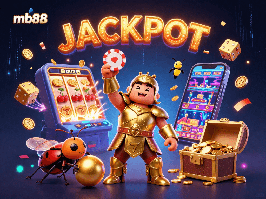 Engage with the thrilling jackpots at mb88, featuring a victorious beetle in golden armor celebrating amidst spectacular casino symbols.