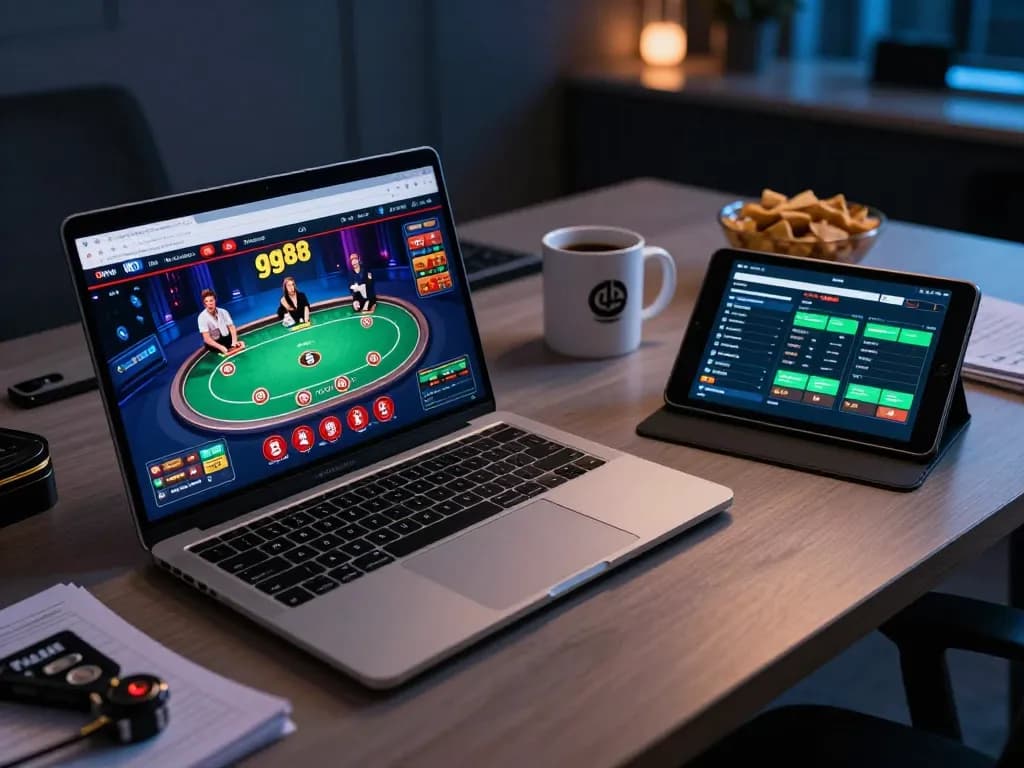 Engaging poker gameplay at home with gg88 interface on laptop, showcasing modern setup.