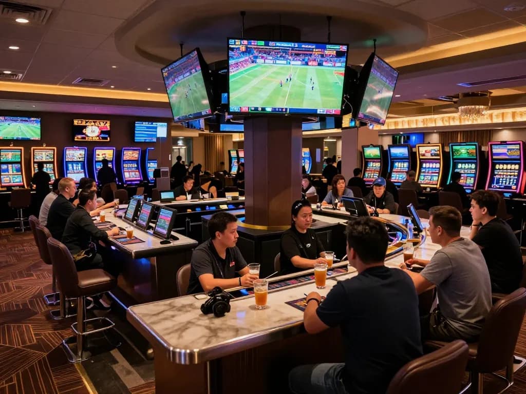 Engaged players at 88bet com discussing strategies in a lively sports betting lounge.