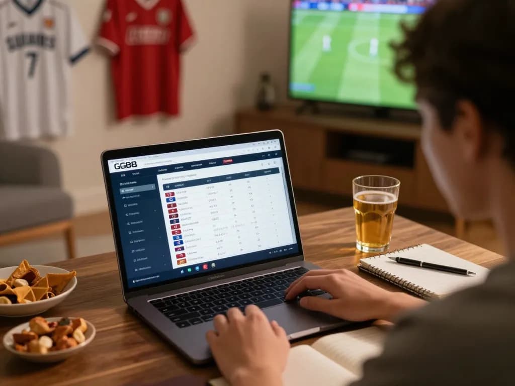 Engaging sports betting action on GG88 platform with a laptop, showing live odds and strategic notes.