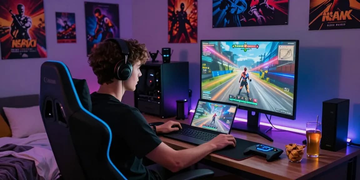 Engaged gamer playing nsfw game in cozy bedroom with vibrant graphics.