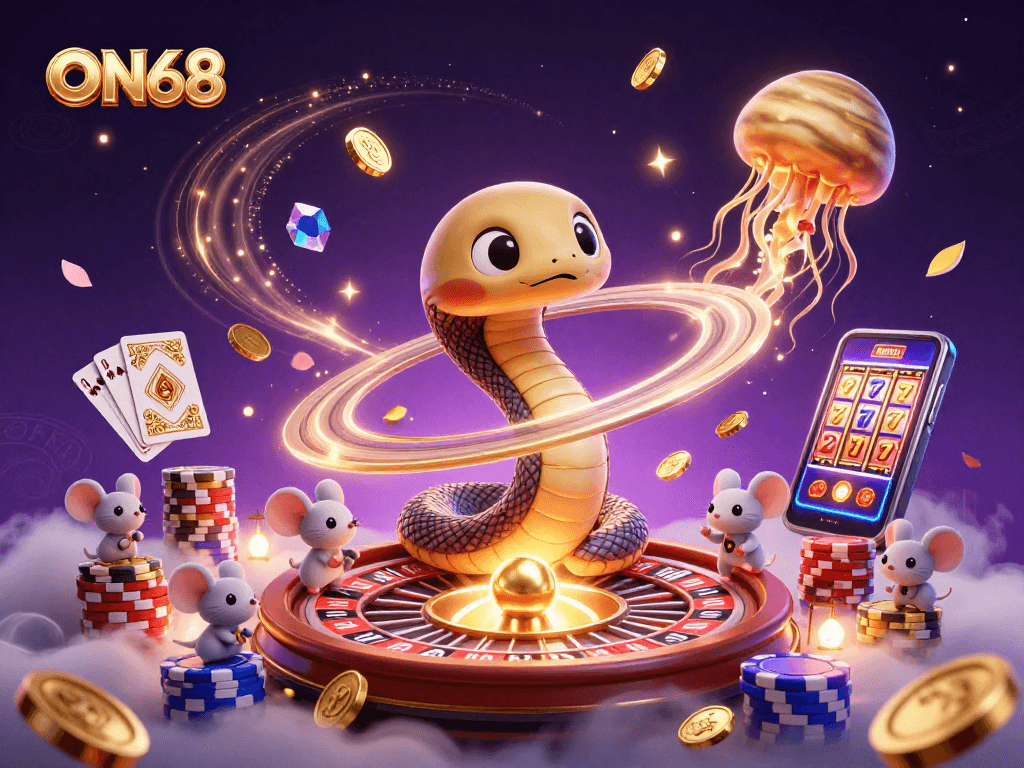 Experience the excitement of betting on ON68 with a cosmic casino scene featuring roulette and lucky symbols.