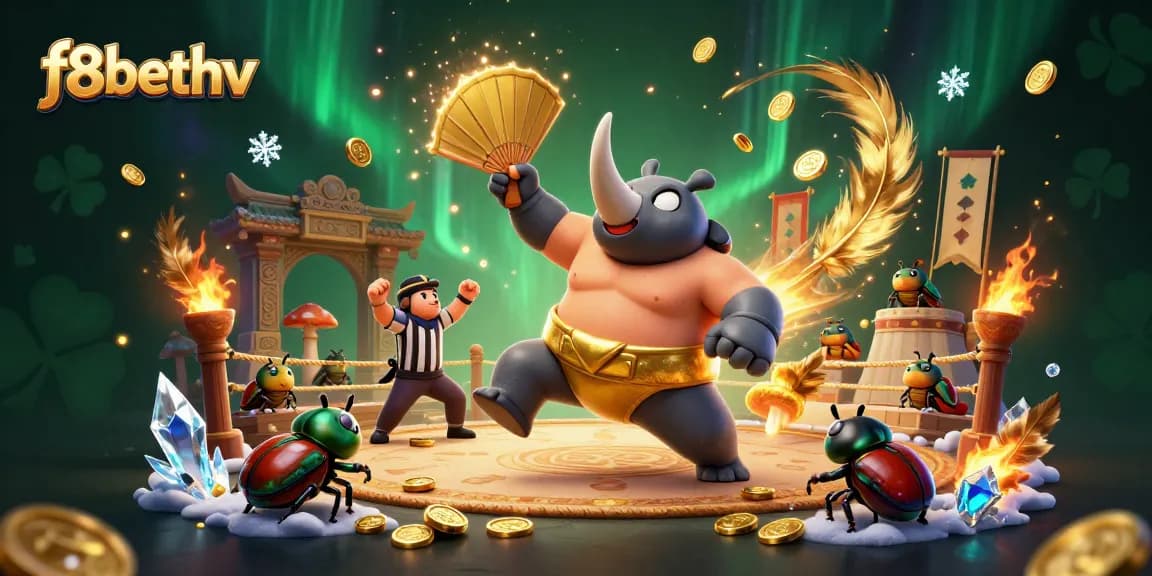 Experience thrilling gameplay with f8bethv as a sumo beetle champion stomps, scattering coins in vibrant casino action.