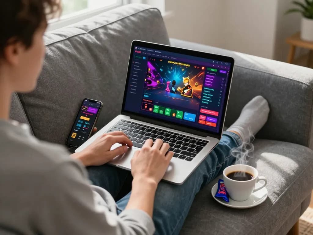 Engaging in đánh đề online from a cozy home setting, betting confidently on a laptop with a stylish atmosphere