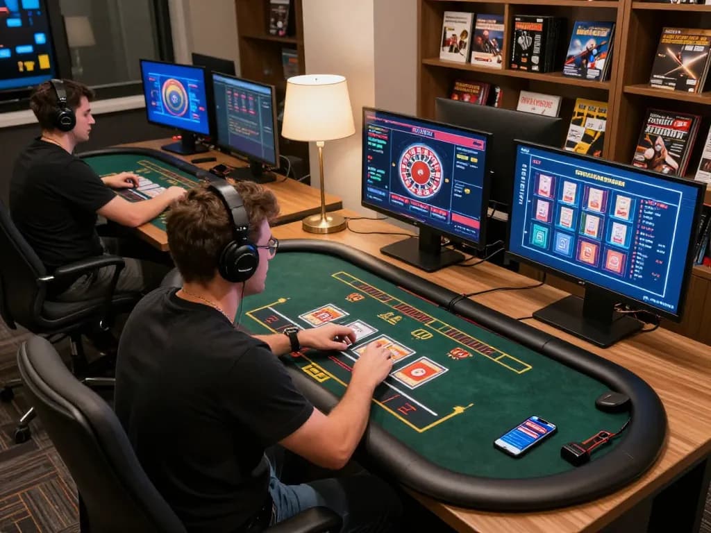 Player engaging in live dealer games at F8bet0 life online casino setup, with multiple screens displaying vibrant gameplay.