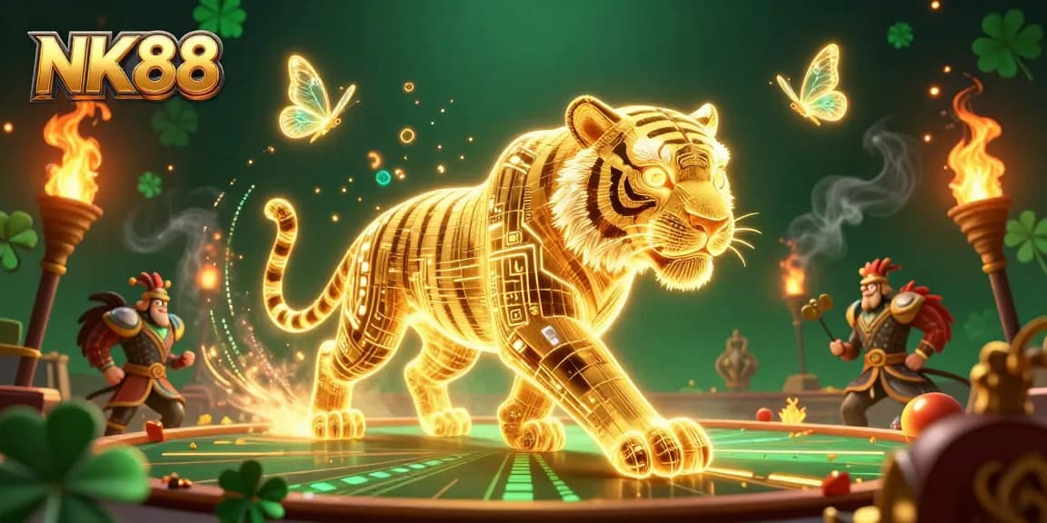 Experience thrilling cockfights at NK88, featuring a golden tiger in a digital casino, enhancing your bets!
