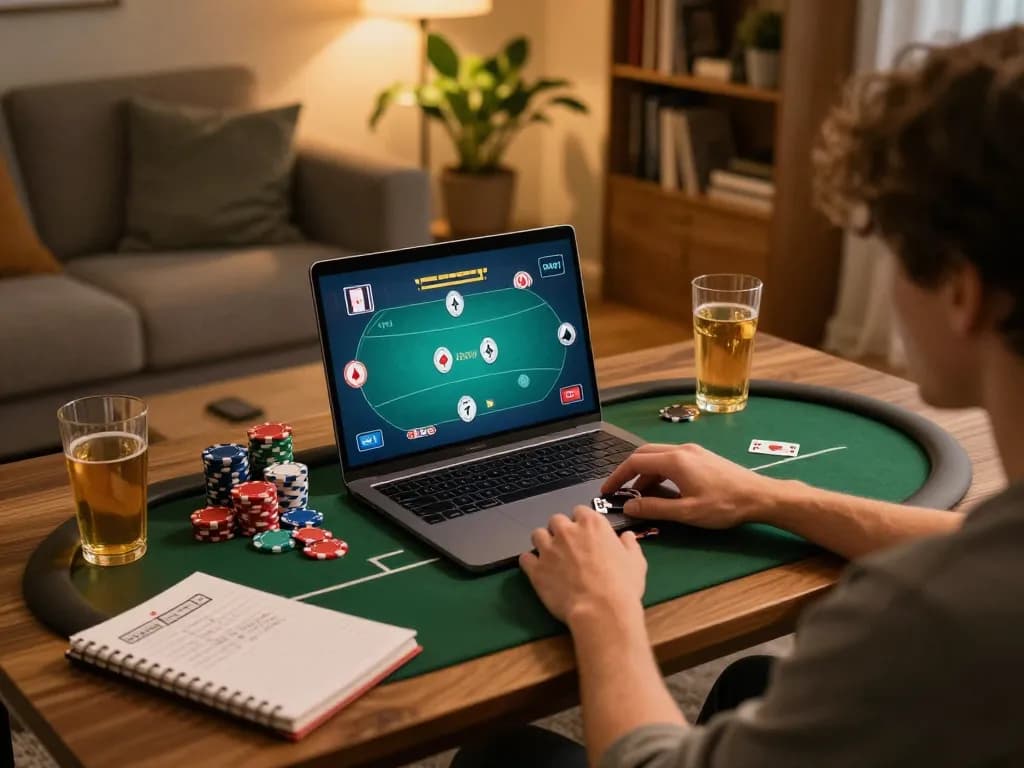 A player enjoying an online poker game at home on mv66 com, surrounded by strategy notes and gaming accessories.
