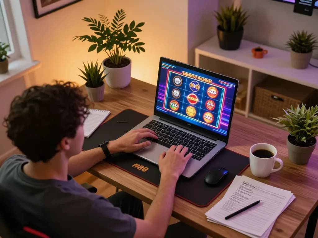 Engaged player enjoying m88 casino online slots on a cozy gaming setup.