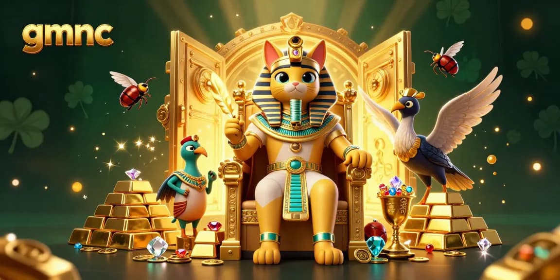 Experience gmnc with this vivid 3D scene of an Egyptian-themed online casino promotional art.