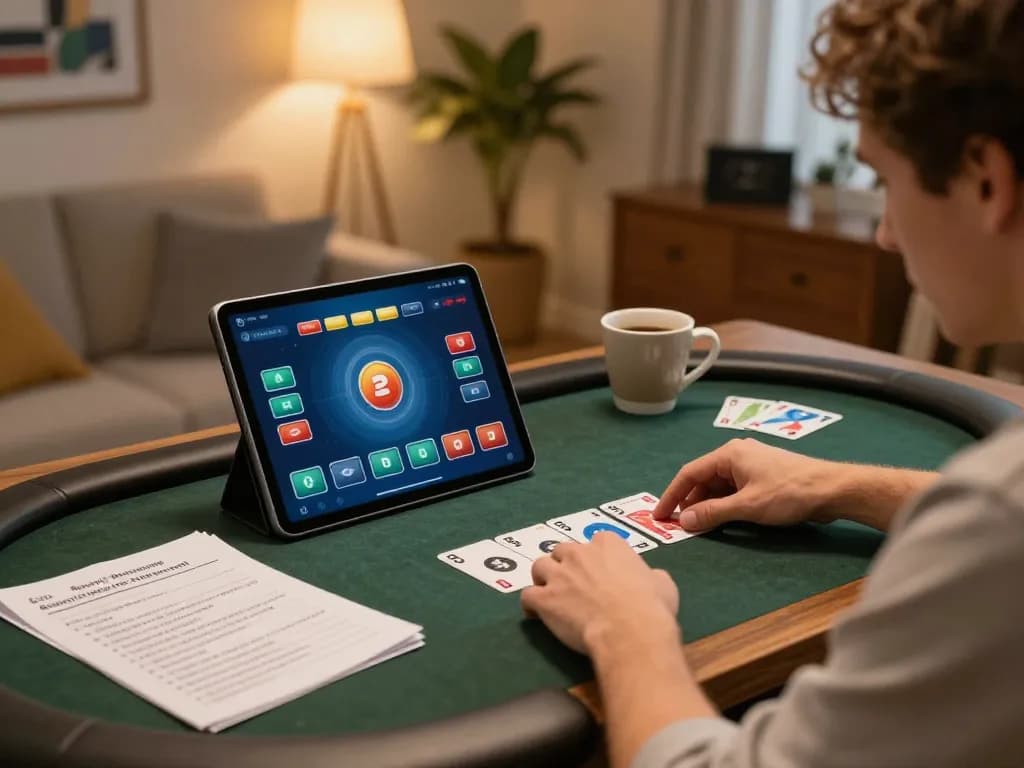 Engaging scene of a player using F8bet dental online poker app, spotlighting strategic gameplay and relaxed home atmosphere.