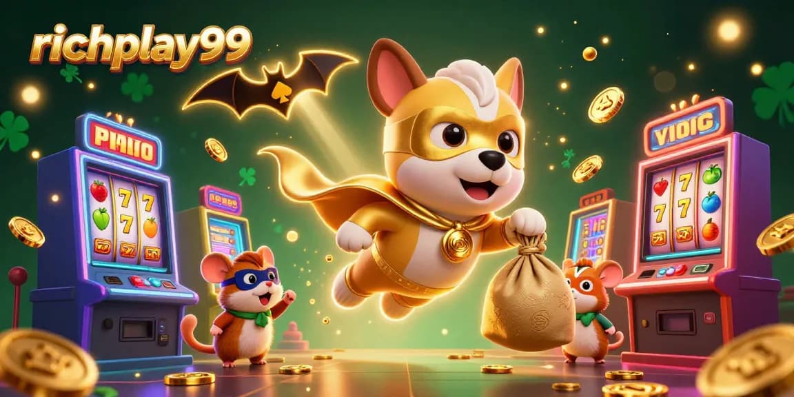 Experience excitement at richplay99 with a vibrant scene showcasing dynamic slots, superhero dog, and sparkling casino elements.