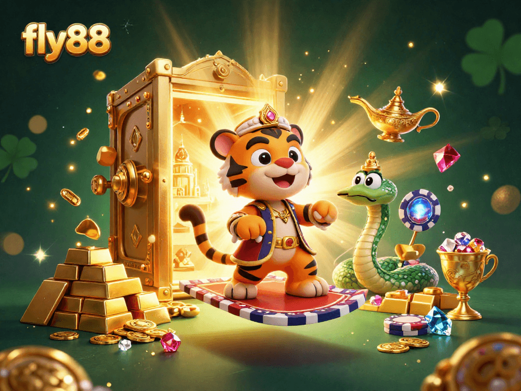 Experience thrilling wins at fly88 with vibrant casino elements in a magical Arabian scene.