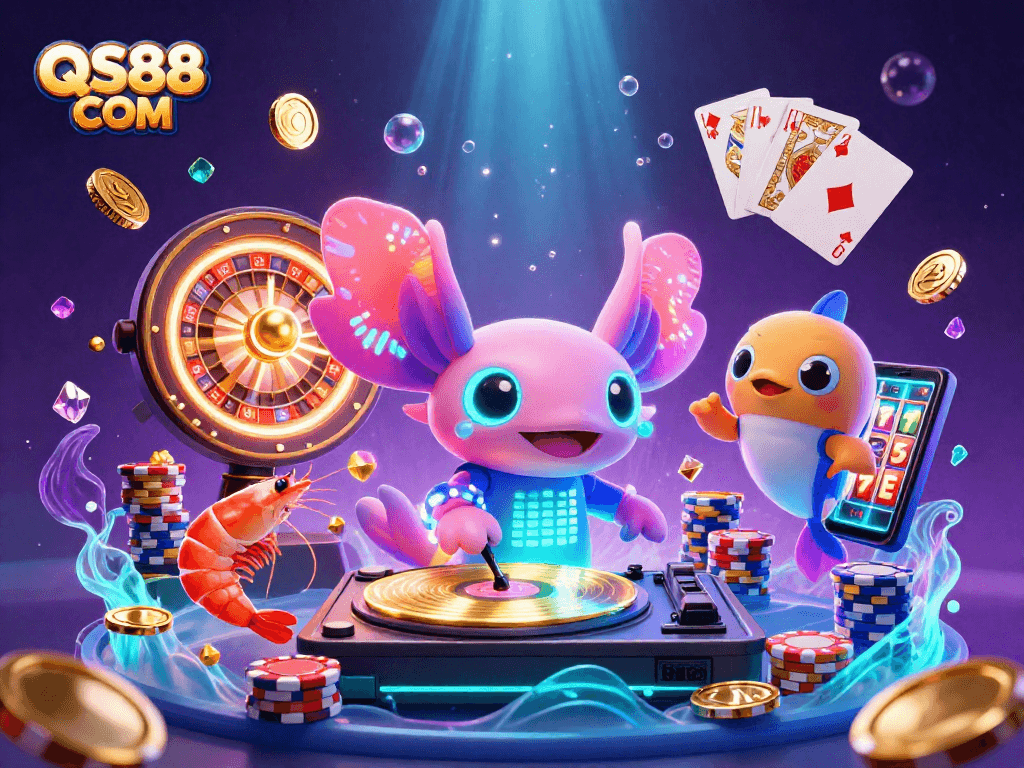 Experience excitement at QS88 COM with vibrant slot reels and dynamic casino elements in this lively illustration.