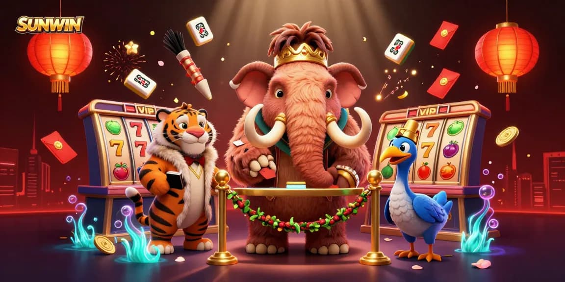 SUNWIN slots come alive in this vibrant 3D illustration with a mammoth bouncer and lucky symbols.