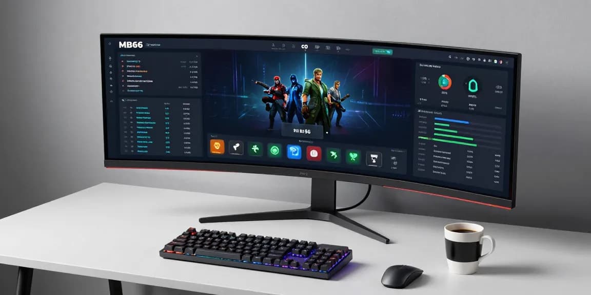 MB66 online gaming platform interface in a modern tech workspace.