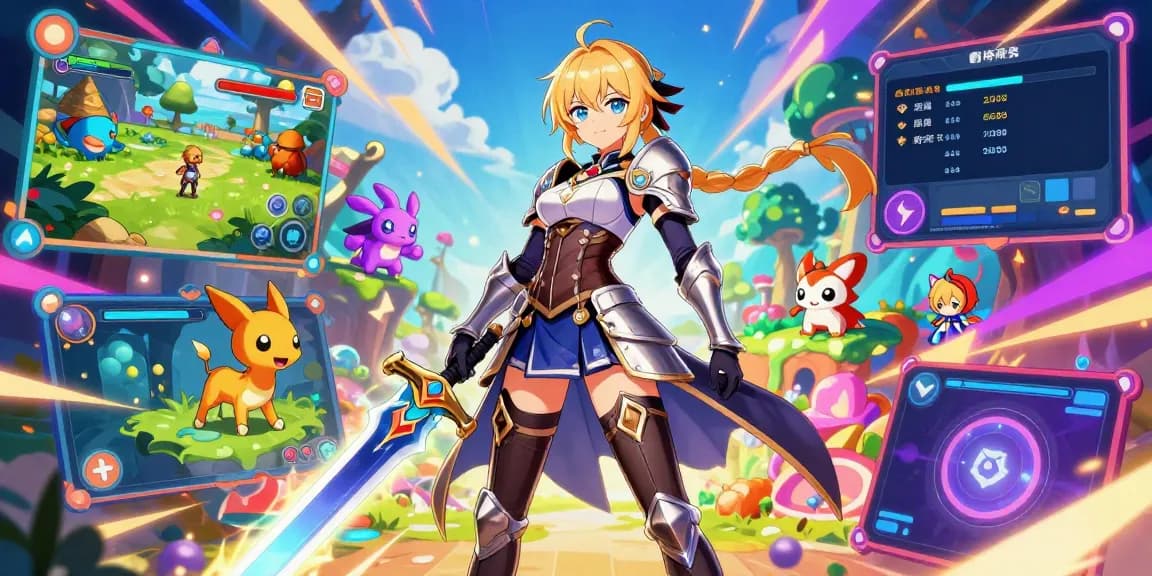 Vibrant scene of a female character from an ecchi game holding a glowing sword in a fantasy setting, showcasing gaming excitement.