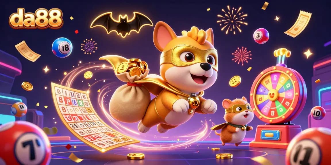Join the action with da88's thrilling casino adventure, featuring a superhero dog in a vibrant scene!