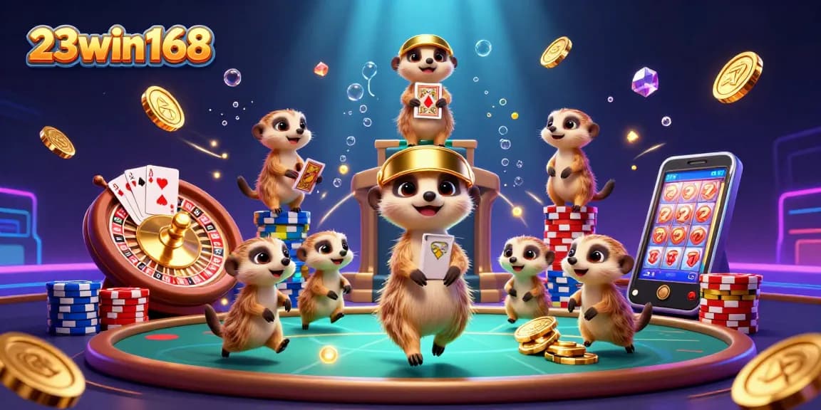 Experience winning action at 23win168 with lively meerkats operating a vibrant casino scene filled with exciting game elements.
