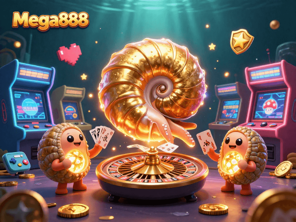 Menangi permainan slot mega888 dengan ilustrasi 3D yang memukau, menggambarkan nautilus raksasa dan elemen kasino menarik.
