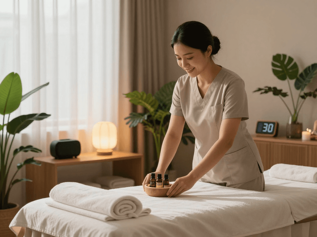 Experience soothing 출장안마 in a serene hotel setting with professional massage therapist preparing oils.