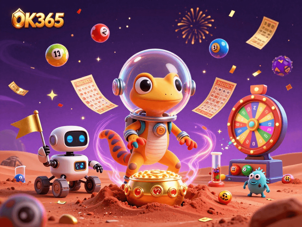 Play exciting casino games at OK365 with a fun Martian theme and vibrant lottery elements.