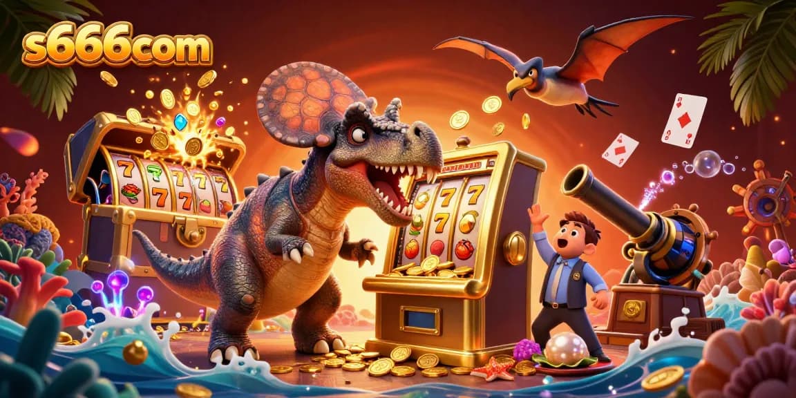 S666com showcases a dramatic casino scene with a dinosaur, slot machine, and coins flying around.