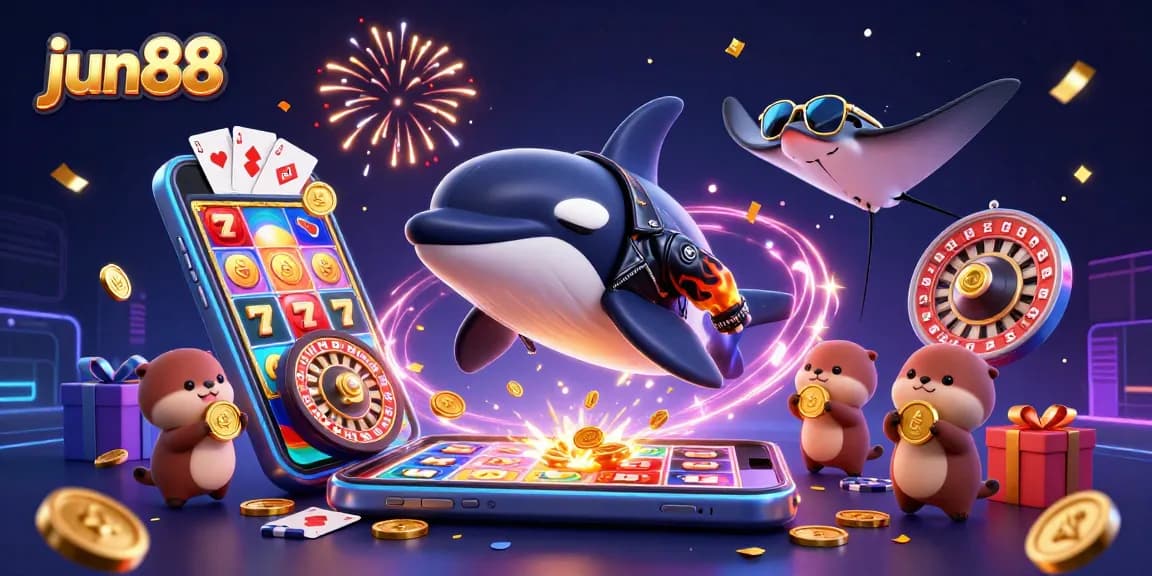 Engage with jun88 through exciting slots, represented by an orca and otters in a vibrant casino scene.