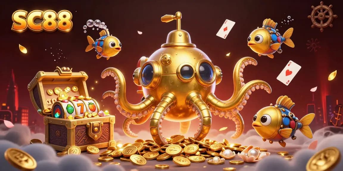 Engage with SC88's thrilling slots experience featuring a kraken submarine amidst gold coins.