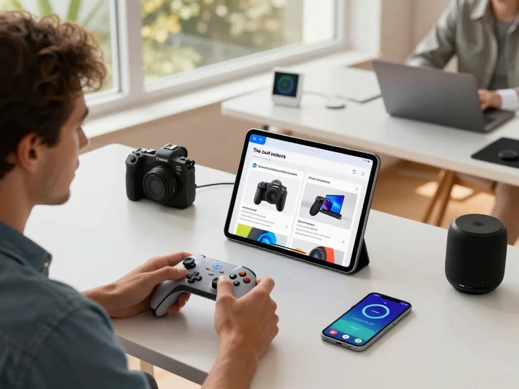 Engaging with smart tech gadgets in a modern workspace, showcasing Bluetooth controller and fitness app.