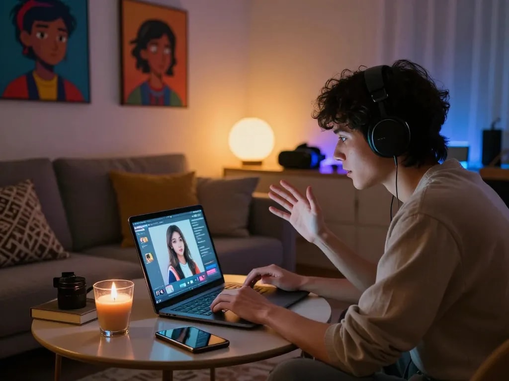 Engaging chat with 18+ AI character in a cozy lounge setting, showcasing a laptop and creative atmosphere.