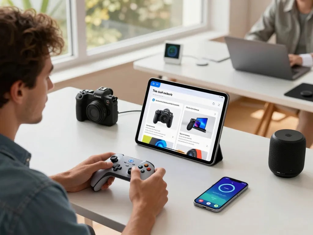 Engaging with smart tech gadgets in a modern workspace, showcasing Bluetooth controller and fitness app.