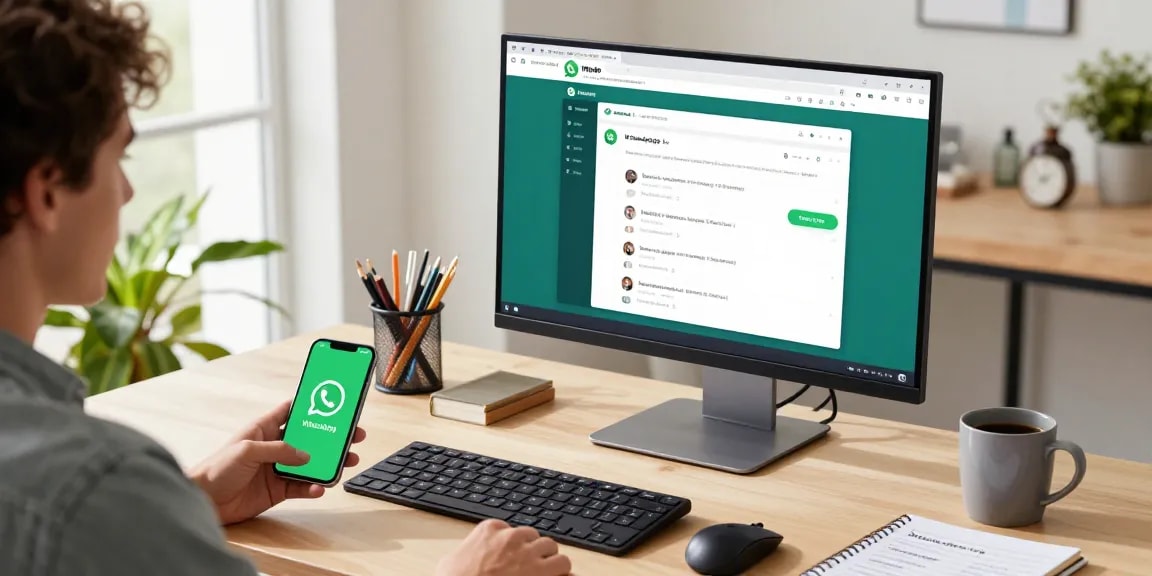 Engaged user utilizing WhatsApp網頁版 on a modern desktop setup with chat interface displayed.