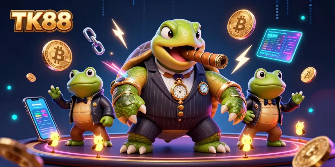 Experience thrilling games at TK88 with a 3D cartoon casino scene featuring vibrant characters and elements.