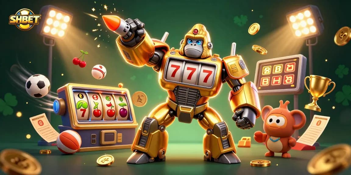 Experience thrilling gameplay at SHBET with a dynamic 3D illustration of a golden gorilla mech and interactive gaming elements.