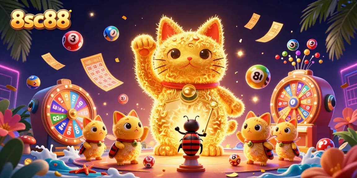 Win big at 8sc88 with vibrant lottery balls, golden tickets, and a dynamic lucky cat!