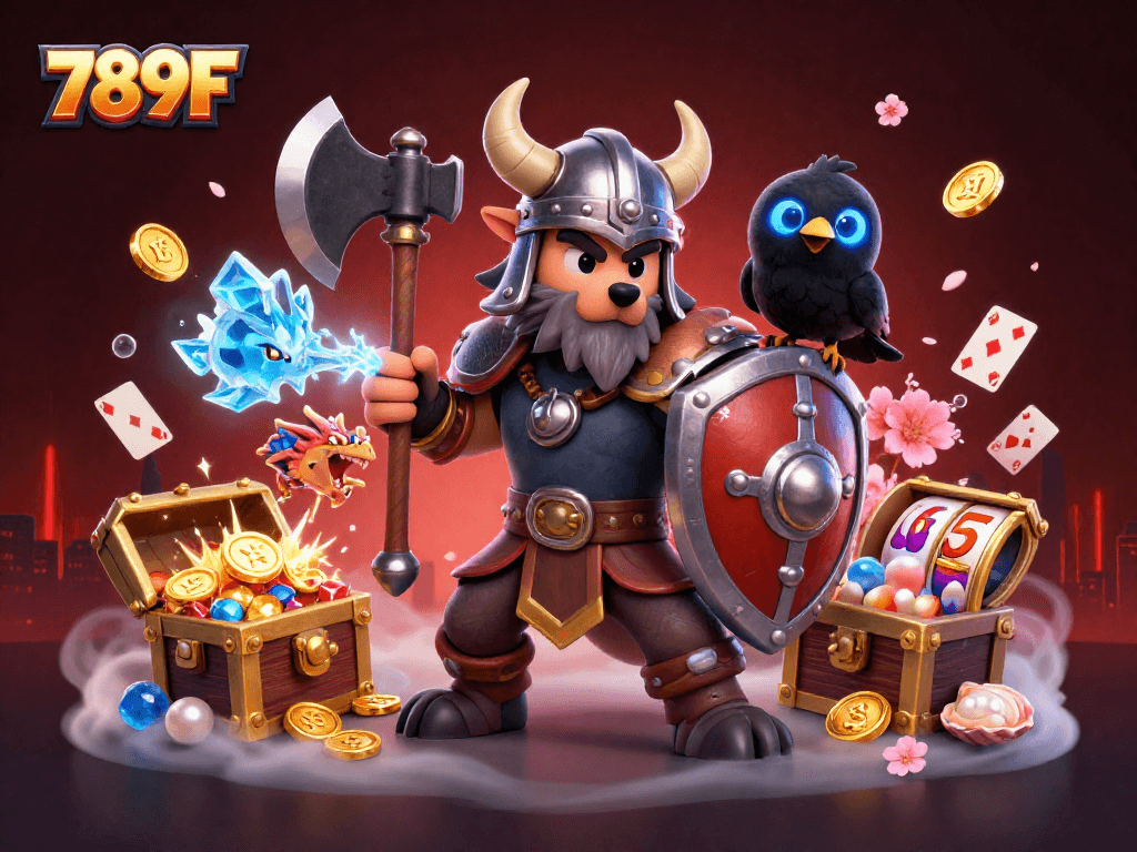 Experience thrilling jackpots with 789F's vibrant 3D illustration featuring a Viking warrior and magical elements.