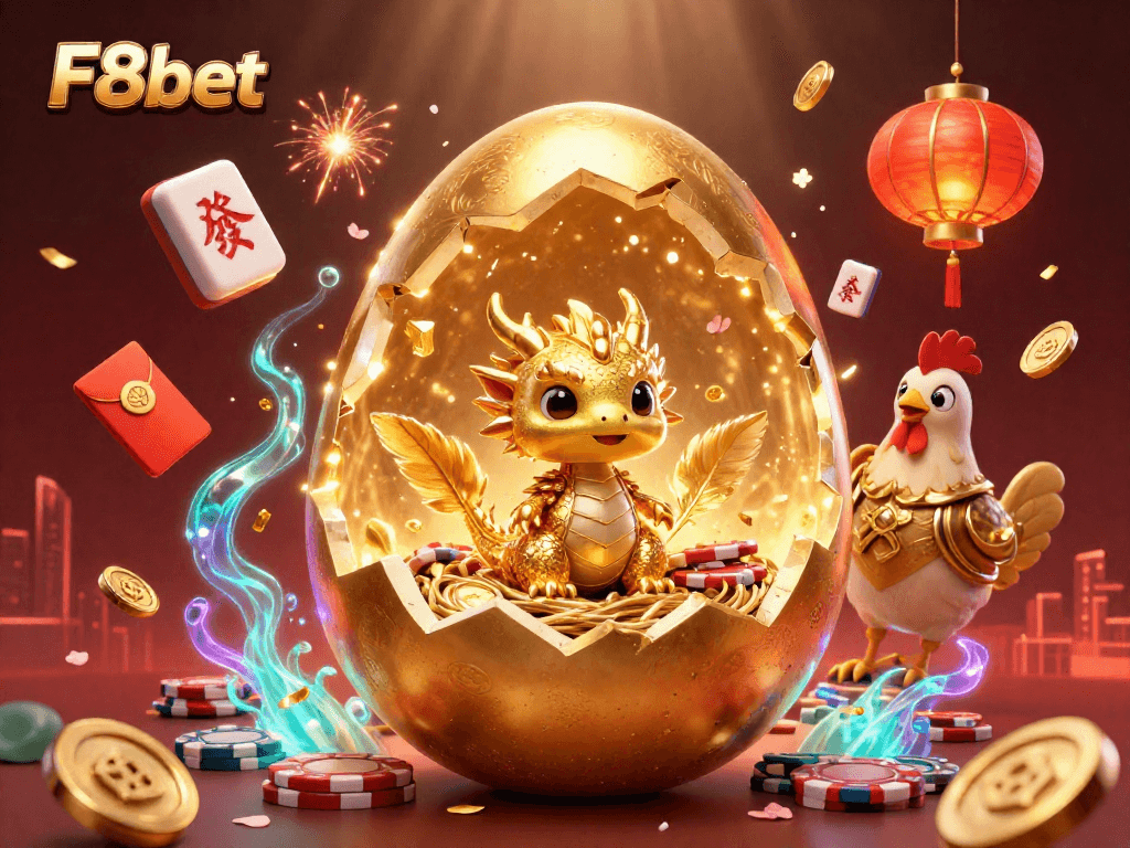 Experience thrilling wins with F8bet in this vibrant 3D illustration of a colossal golden egg revealing a dragon surrounded by chips.