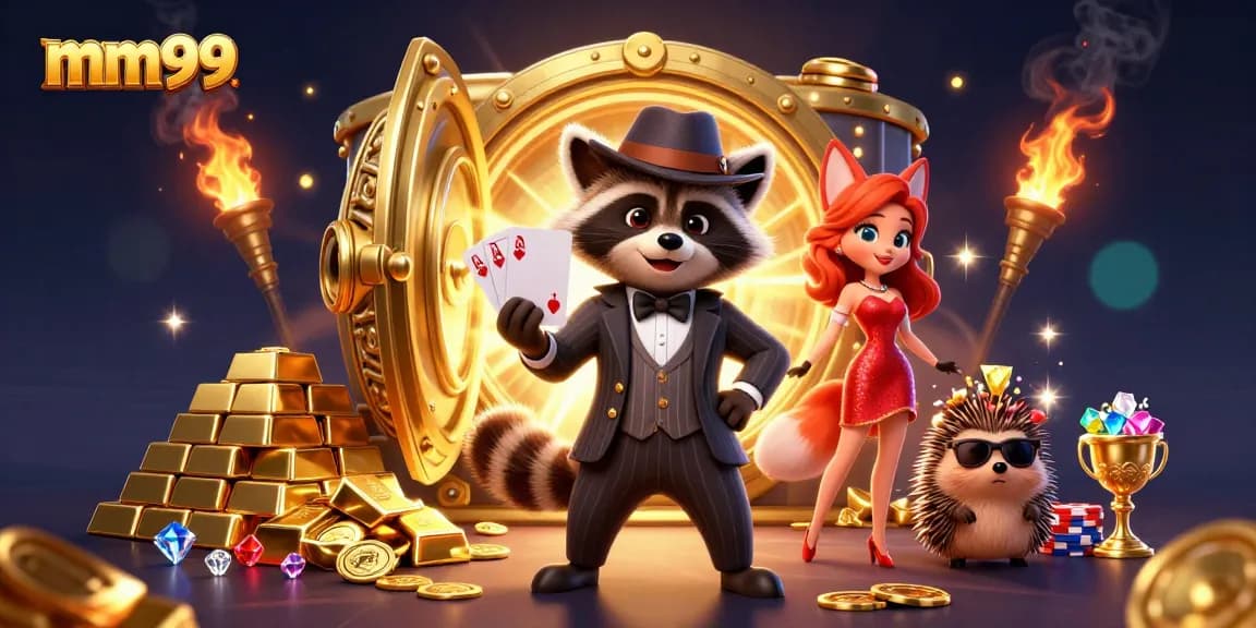 Play poker with mm99's charming characters as they unveil treasures in a lively casino scene.