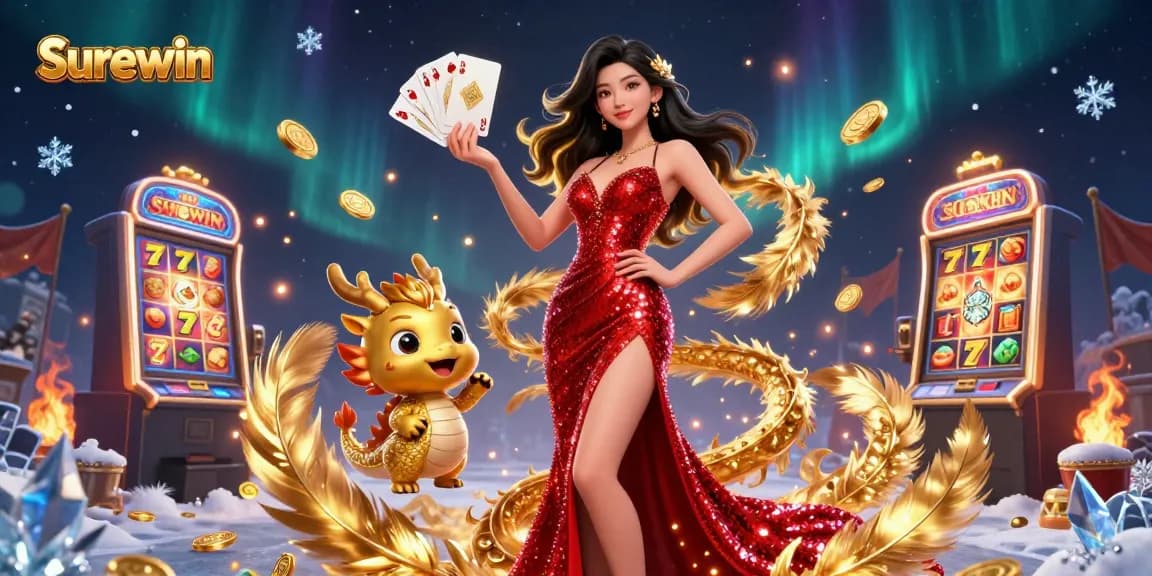 Experience the thrill of gaming with Surewin's vibrant casino scene featuring a stylish Asian woman and a golden dragon.