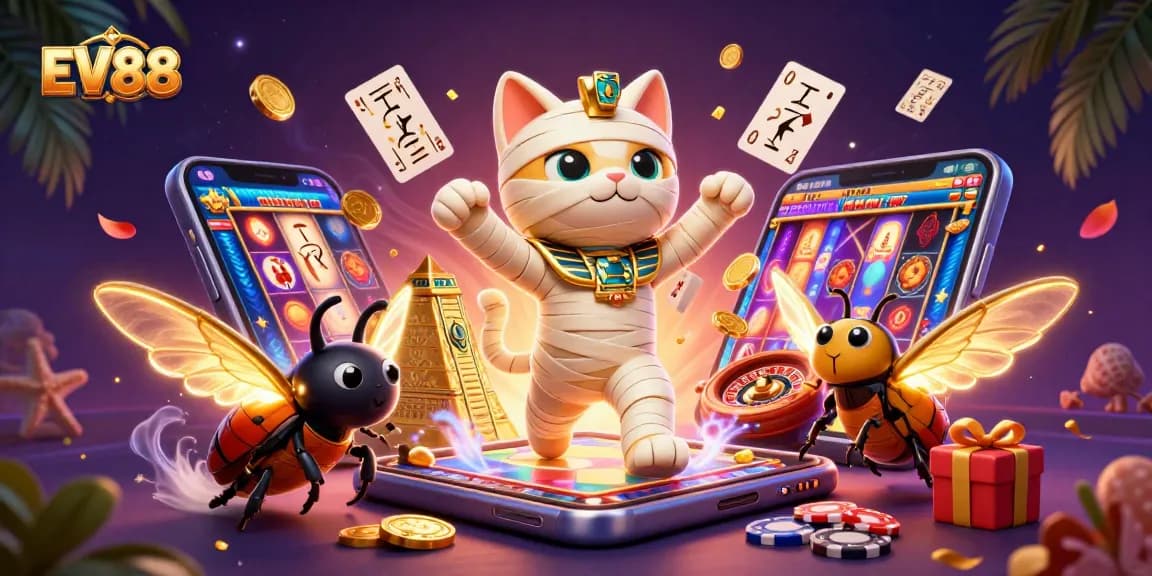 Experience thrilling gameplay with EV88 as the Egyptian mummy cat emerges in a vibrant pyramid casino.
