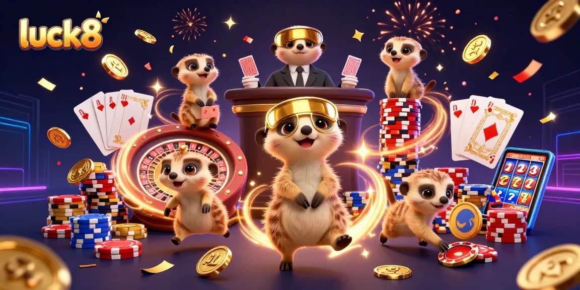 Experience luck8 with lively meerkat casino scene featuring games, gold coins, and dynamic energy.