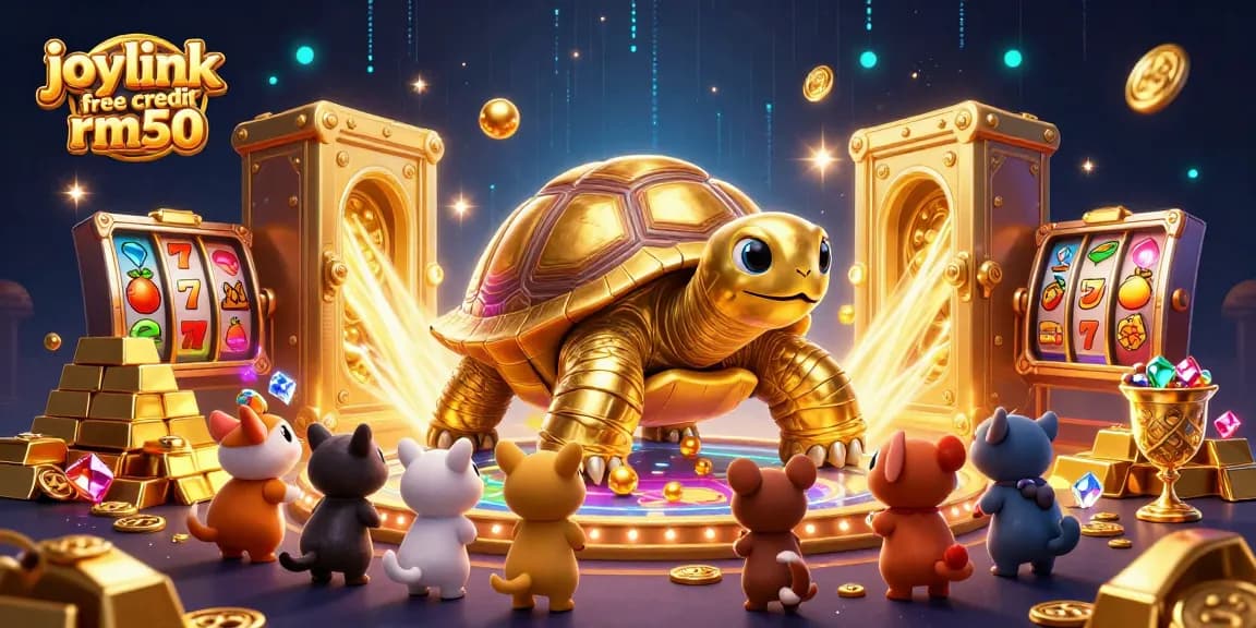 Experience joylink free credit rm50 with a vibrant 3D casino scene featuring a golden tortoise pinball machine.