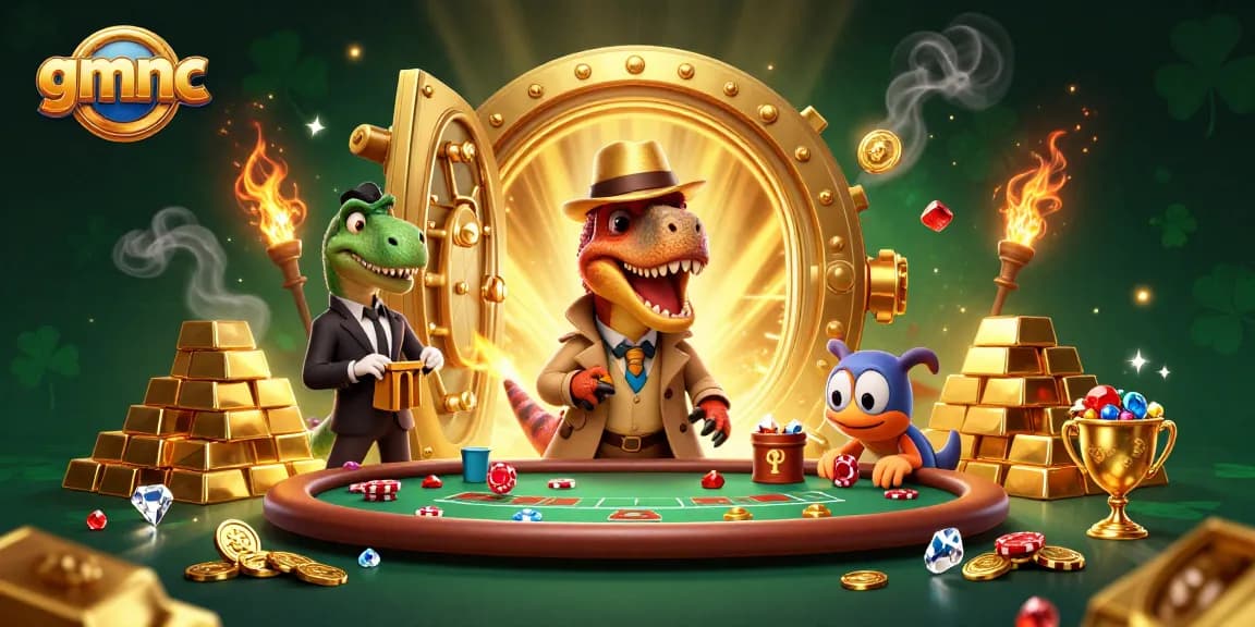 Experience the thrilling challenges at gmnc with cartoon dinosaurs at a vibrant casino scene.