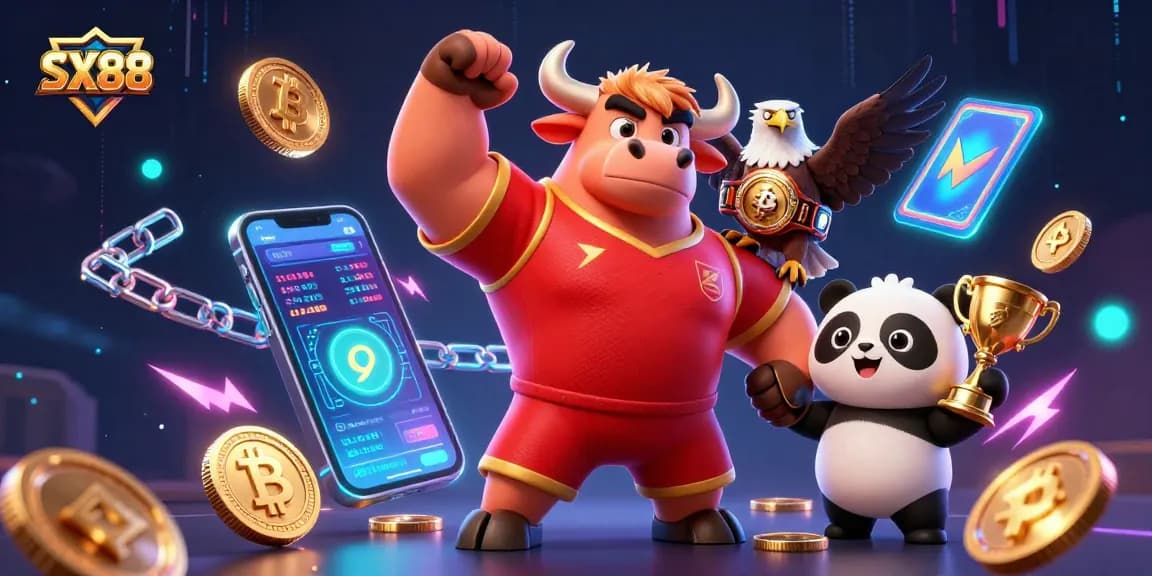 SX88 engages players with vibrant 3D visual of victory-themed characters amid Ethereum and Bitcoin elements.
