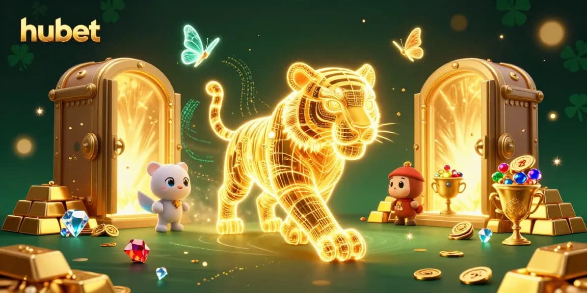 Experience the thrilling hubet casino world with a golden tiger and treasures in a vibrant digital landscape.
