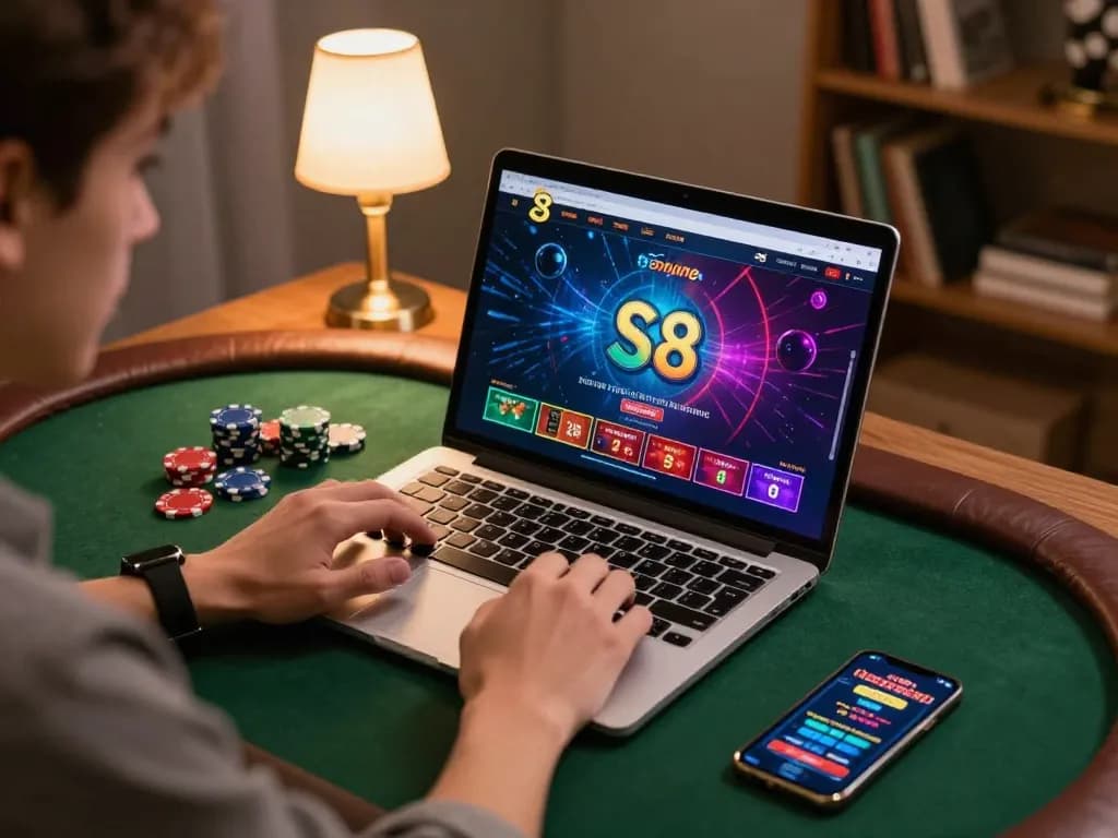 S8 online casino player strategizing with chips on the table and laptop screen.