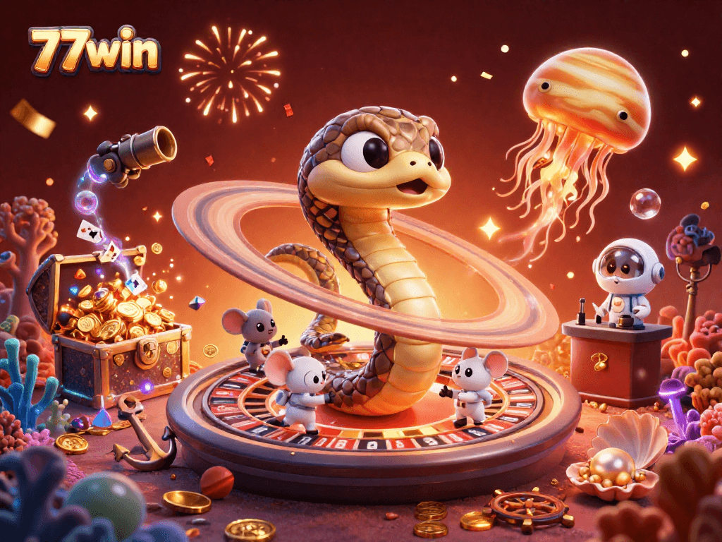 77win players joyfully engage in gambling with a vibrant cosmic casino theme.