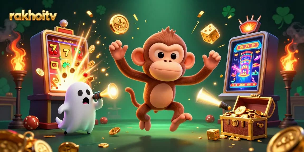 Experience rakhoitv's thrilling gaming with a mischievous monkey and curious puppy in a vibrant casino.